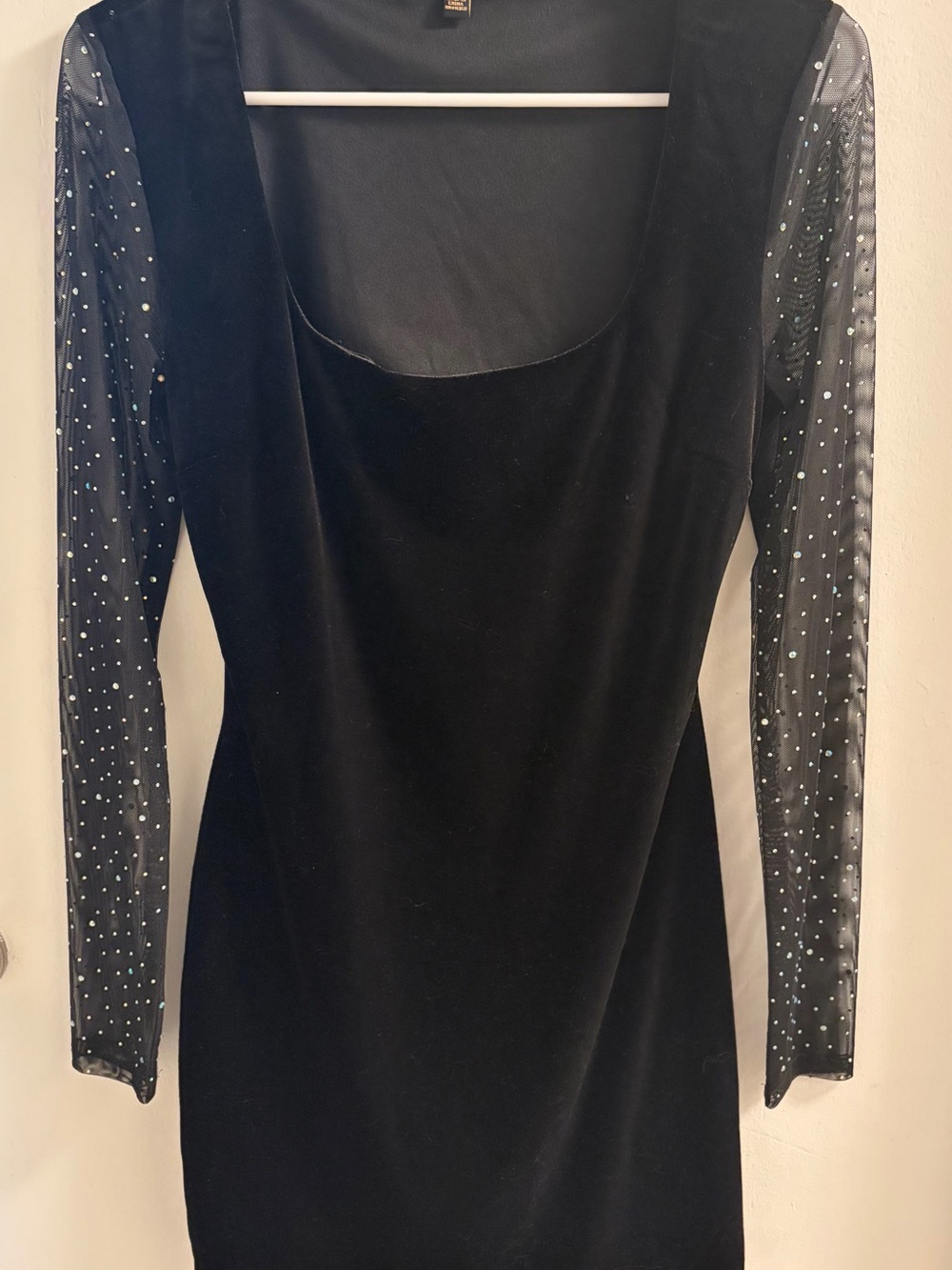 City Studio Black Velvet Rhinestone Mesh Sleeve Cutout Mini Dress Size M